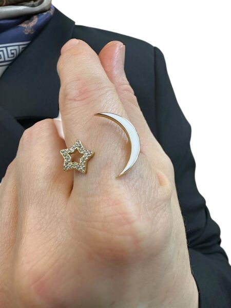 Ay Yıldız Üst Kalite Beyaz Mineli Parmak Arası 14 Ayar Altın Yüzük