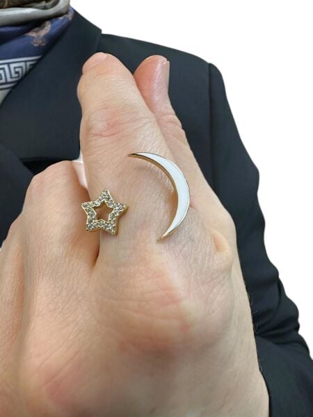 Ay Yıldız Üst Kalite Beyaz Mineli Parmak Arası 14 Ayar Altın Yüzük