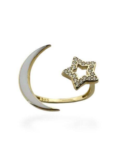 Ay Yıldız Üst Kalite Beyaz Mineli Parmak Arası 14 Ayar Altın Yüzük