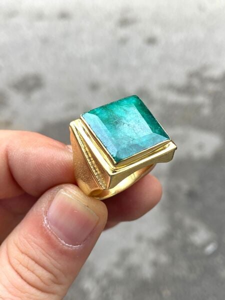 14 Ayar Altın Doğal Zümrüt Taş Özel Tasarım Erkek Yüzük