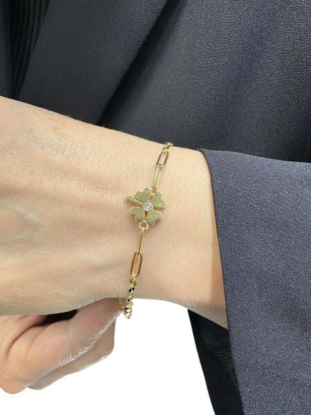 İtalyan Işıltılı Ataç Yonca Çok Şık Altın Bileklik