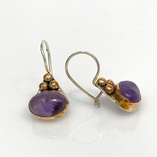 Doğal Ametist Taş Tamamı El Üretimi Gümüş Küpe