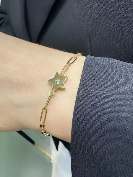 İtalyan Işıltılı Ataç Tek Taş Yıldız Çok Şık Altın Bileklik