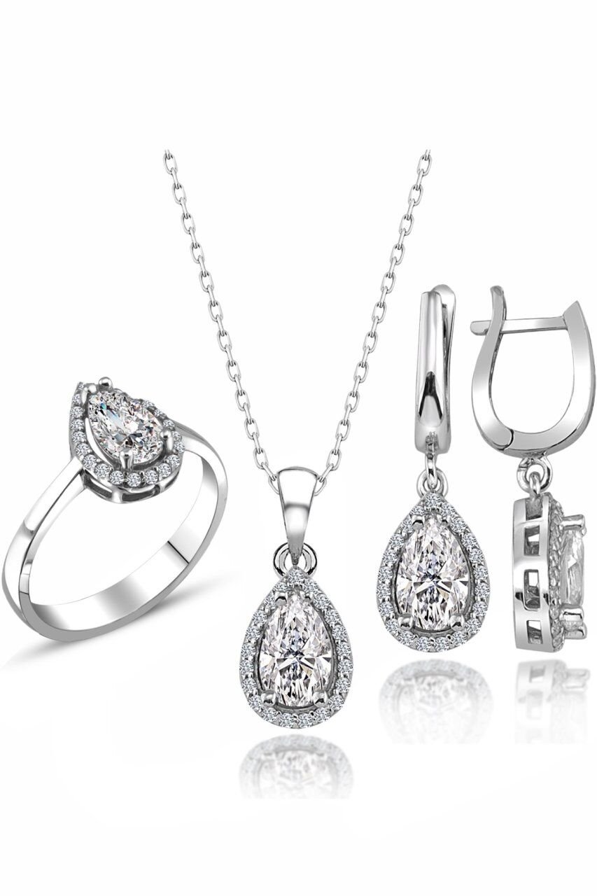 Sertifikalı Swarovski Taş Damla 925 Gümüş Set Takım