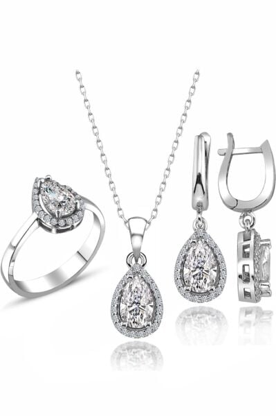 Sertifikalı Swarovski Taş Damla 925 Gümüş Set Takım