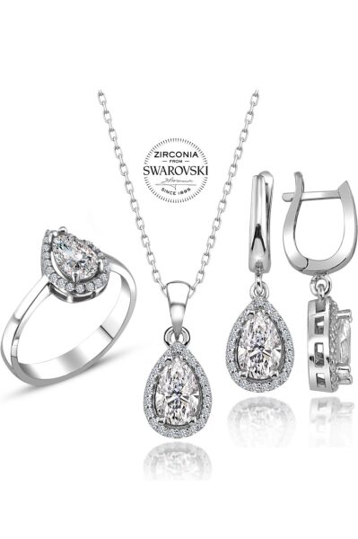 Sertifikalı Swarovski Taş Damla 925 Gümüş Set Takım