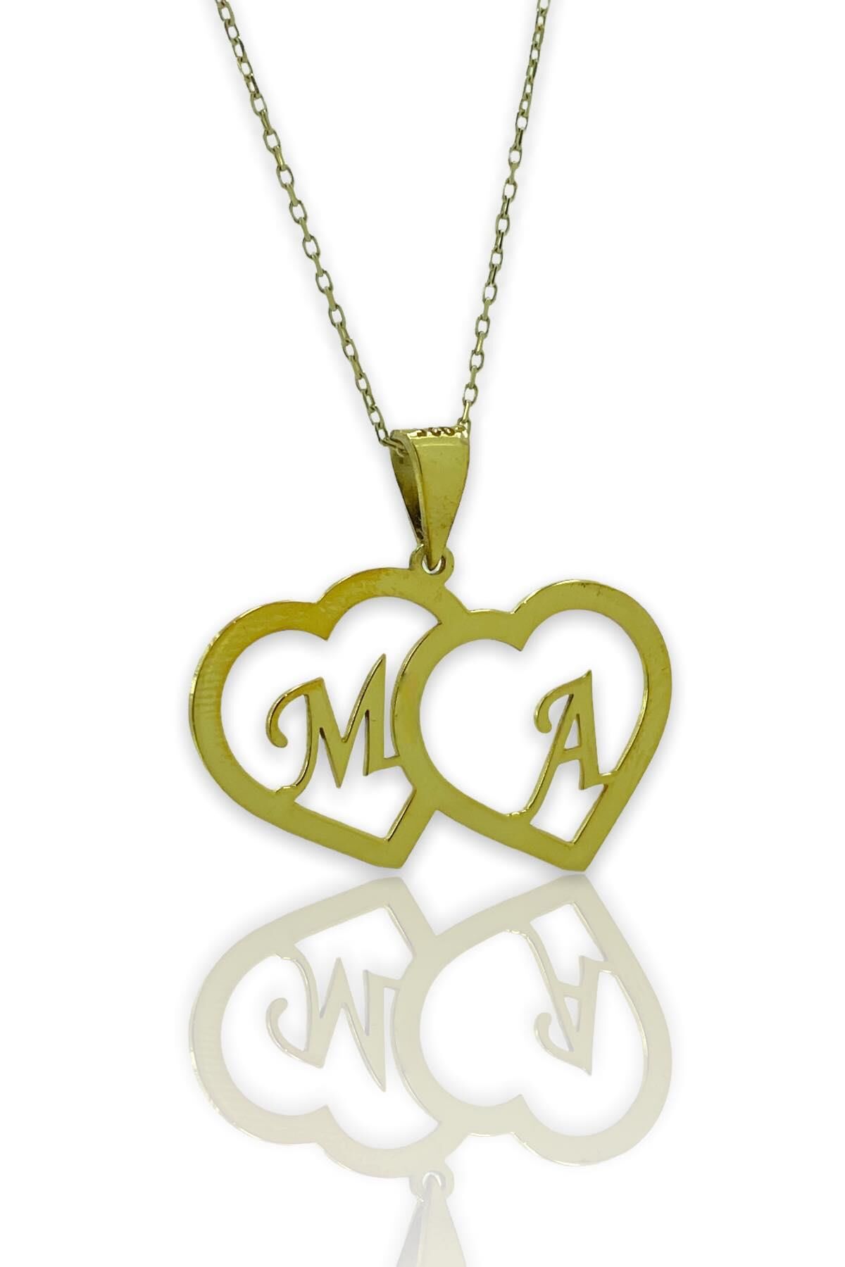 İki Kalp 2 Harf Altın Kaplama 925 Gümüş Kolye