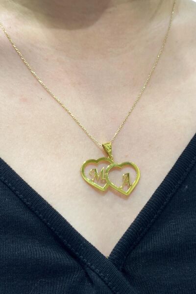 İki Kalp 2 Harf Altın Kaplama 925 Gümüş Kolye