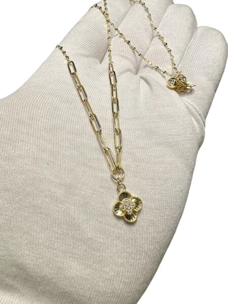 İtalyan Işıltılı Ataç Zincir Yonca Çok Şık Günlük Altın Kolye