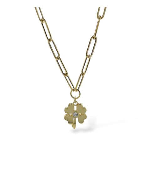 İtalyan Işıltılı Ataç Zincir Taşlı Yonca Çok Şık Günlük Altın Kolye