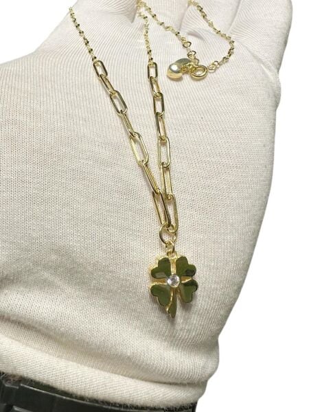 İtalyan Işıltılı Ataç Zincir Taşlı Yonca Çok Şık Günlük Altın Kolye