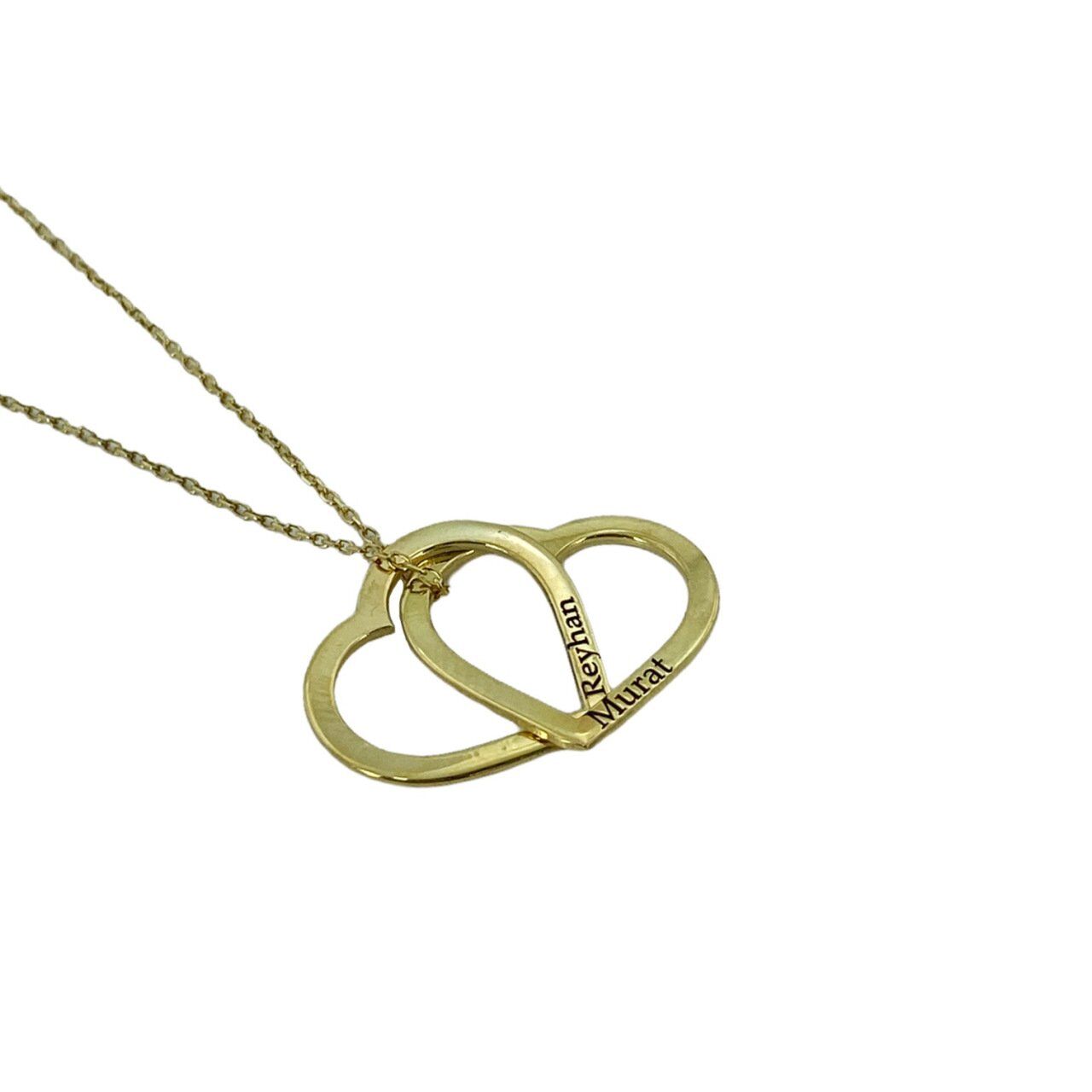 Çift Kalp 2 İki İsimli Altın Renk 925 Gümüş İsim Kolye