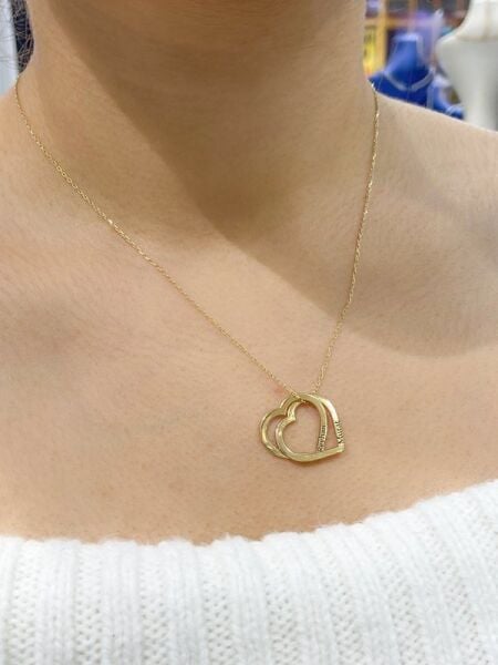 Çift Kalp 2 İki İsimli Altın Renk 925 Gümüş İsim Kolye