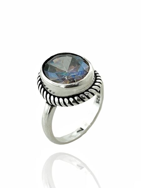 925 Gümüş Oval Mistik Topaz Taşlı Özel Model Yüzük