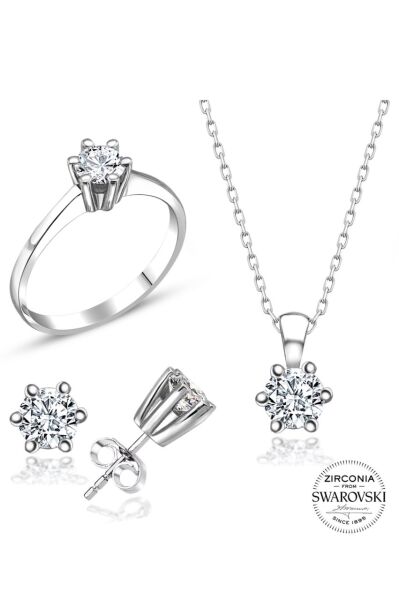 Sertifikalı Swarovski Taş 6 Tırnak 925 Gümüş Set Takım