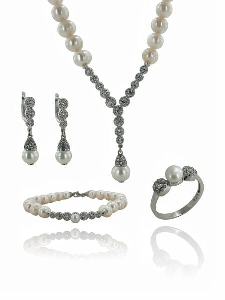 925 Gümüş Doğal İnci Altın Model Yeni Çok Şık İncili Set Takım