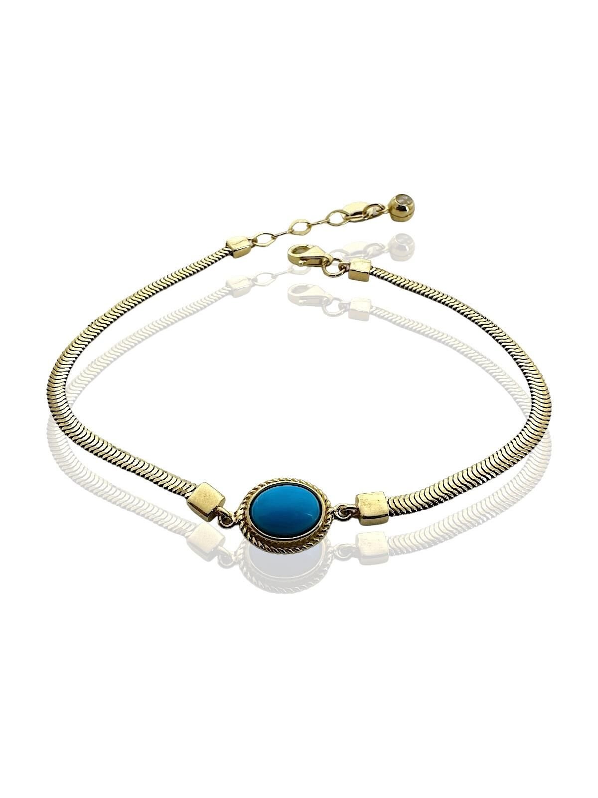 Doğal Firuze Taş İtalyan Balık Sırtı Zincir 14 Ayar Altın Bileklik