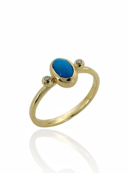 Minimal Tasarım Doğal Turkuaz Taş 14 Ayar Altın Yüzük