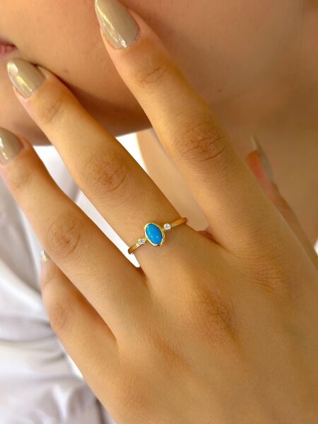 Minimal Tasarım Doğal Turkuaz Taş 14 Ayar Altın Yüzük