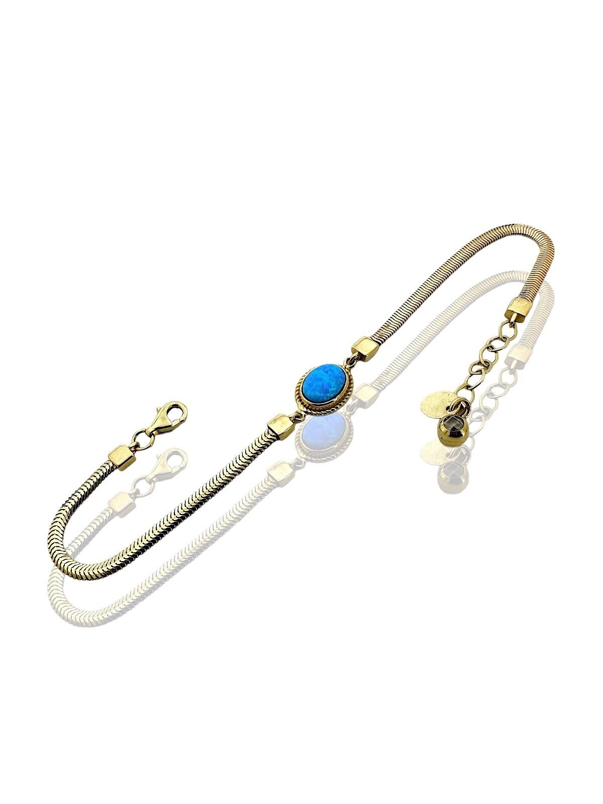 Mavi Opal Şans Taşı İtalyan Balık Sırtı Zincir 14 Ayar Altın Bileklik