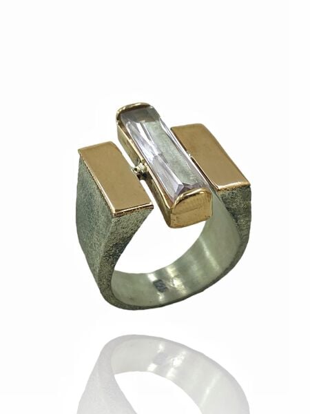 925 Gümüş Baget Pembe Kuvars Taş Özel Model El Üretimi Yüzük