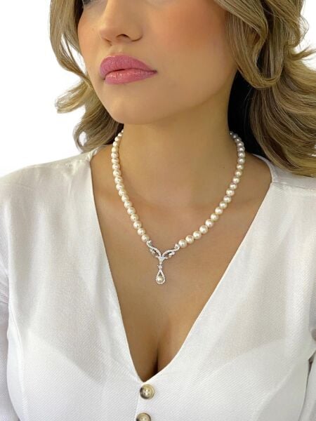 925 Gümüş Beyaz İnci Altın Model Yeni Şık Gerdanlık Kolye