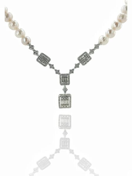 925 Gümüş Baget Zirkon Trend Model İnci Gerdanlık Kolye