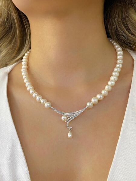 925 Ayar Gümüş Üst Kalite Özel Tasarım İnci Gerdanlık Kolye