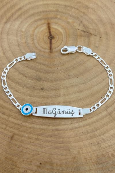 Çocuk Künyesi Mavi Boncuk 925 Gümüş Künye Bileklik