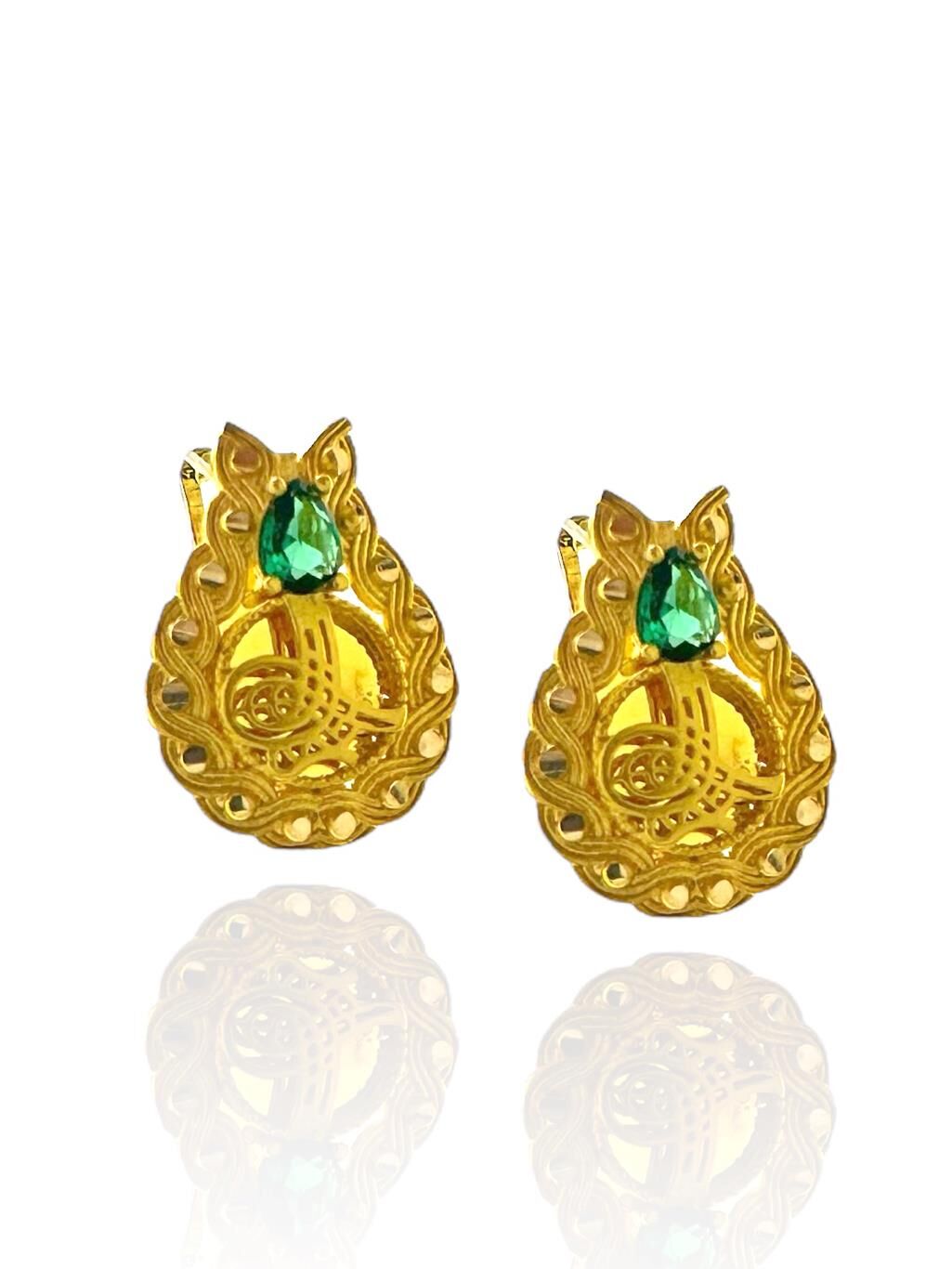 Tuğra Damla Zümrüt Taş Lale Altın Küpe