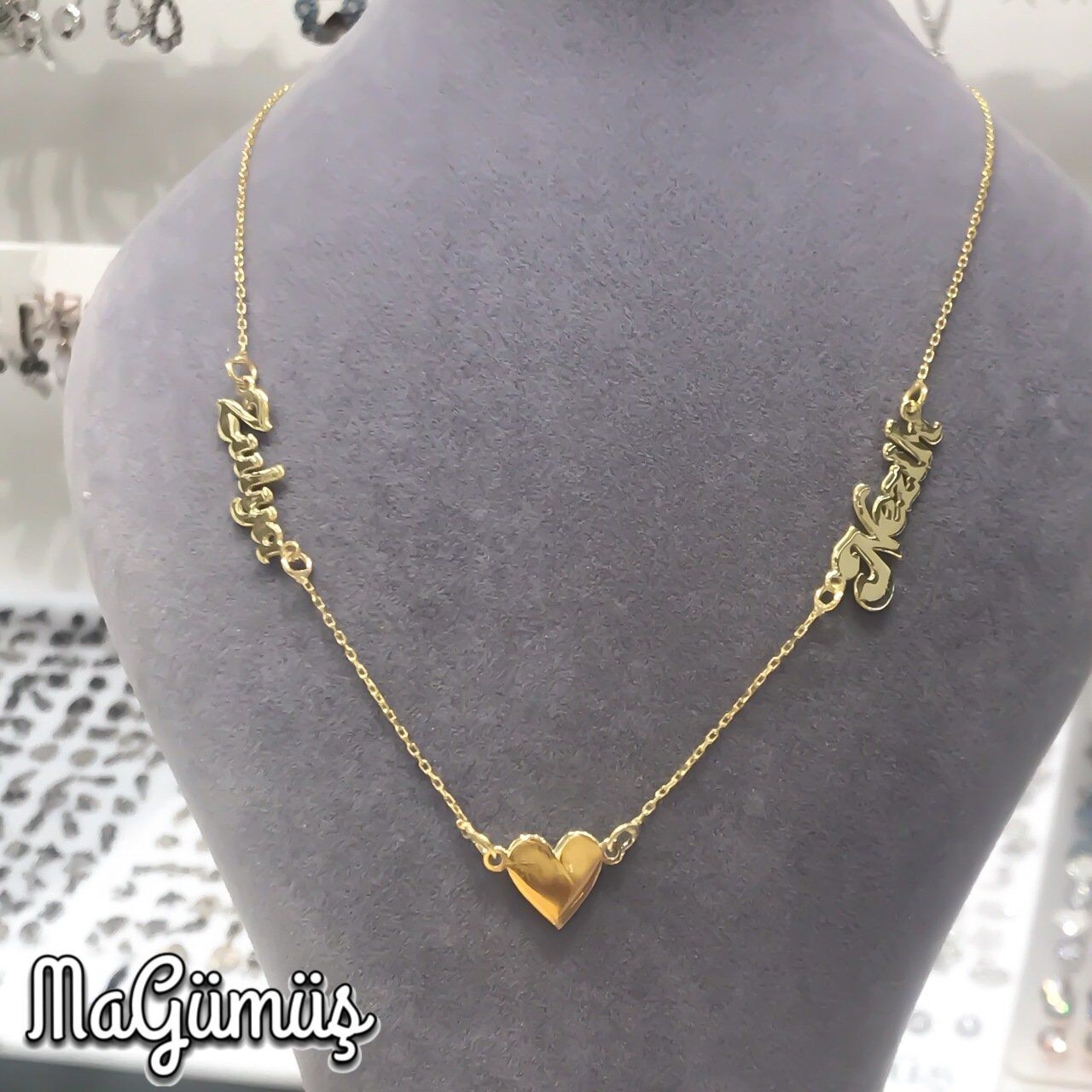 2 İki İsim Ortası Kalp Tasarım Altın Kaplama Gümüş Kolye