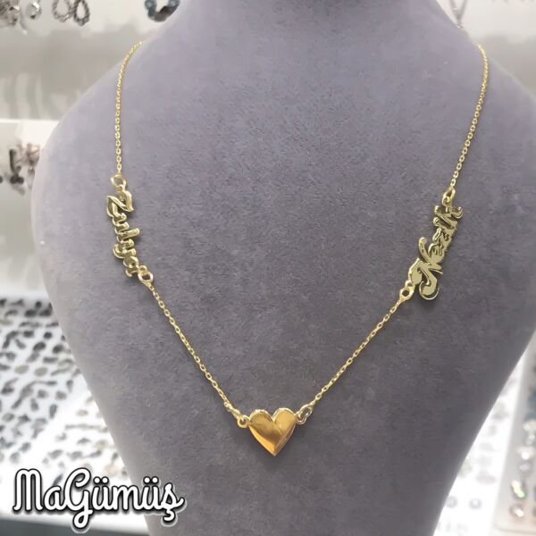 2 İki İsim Ortası Kalp Tasarım Altın Kaplama Gümüş Kolye