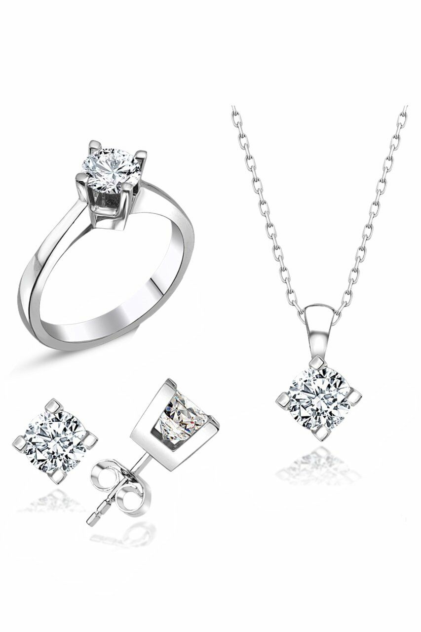 Sertifikalı Swarovski Taşlı Tek Taş 925 Gümüş Set Takım