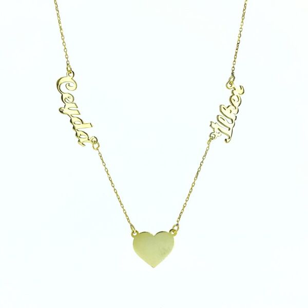 İki İsimli Kalpli Altın Kaplama 925 Gümüş Kolye