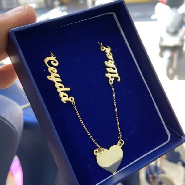 İki İsimli Kalpli Altın Kaplama 925 Gümüş Kolye