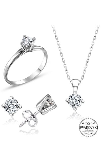 Sertifikalı Swarovski Taş Zarif Tektaş 925 Gümüş Set Takım