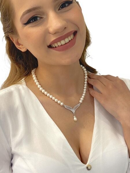 Trend Altın Modeli İnci Anturaj Gerdanlık 925 Gümüş inci Kolye