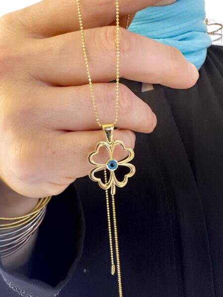 Dört Yaprak Yonca Nazar Cam Göz Boncuk 50 cm Zincir 14 Ayar Altın Kolye