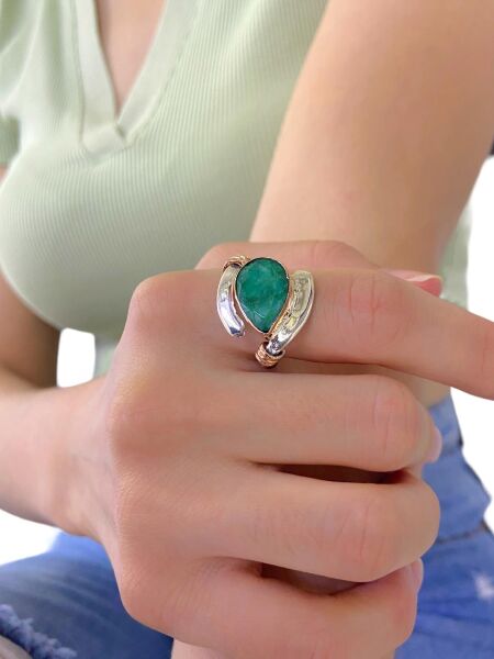 925 Gümüş Doğal Zümrüt Taş Otantik El Üretimi Yüzük