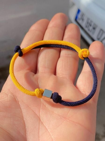 Unisex Trend Sarı Lacivert İpli Küp Bileklik 14 Ayar
