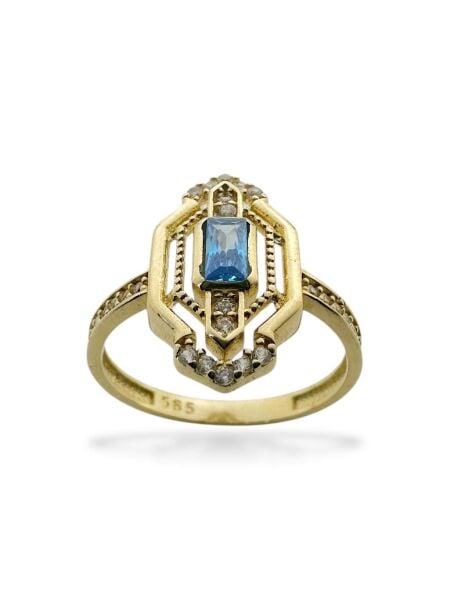 Üst Kalite Baget Aquamarine Taşlı 14 Ayar Altın Yüzük