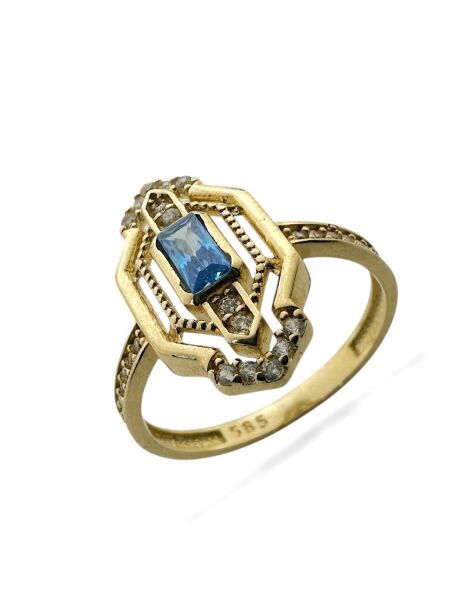 Üst Kalite Baget Aquamarine Taşlı 14 Ayar Altın Yüzük