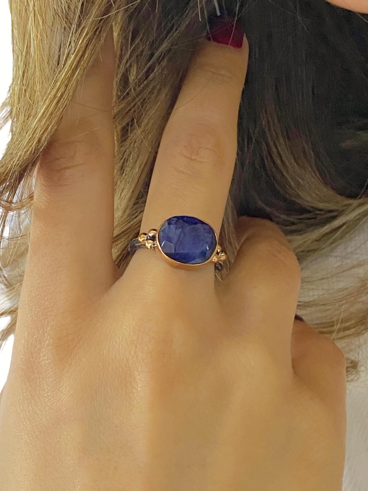 El Üretim Doğal Safir Oval Taş Otantik 925 Ayar Gümüş Yüzük