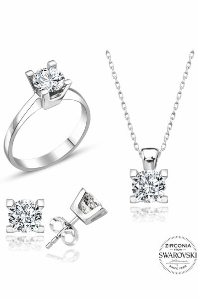 Sertifikalı Swarovski Taş Klasik Tek Taş 925 Gümüş Set Takım