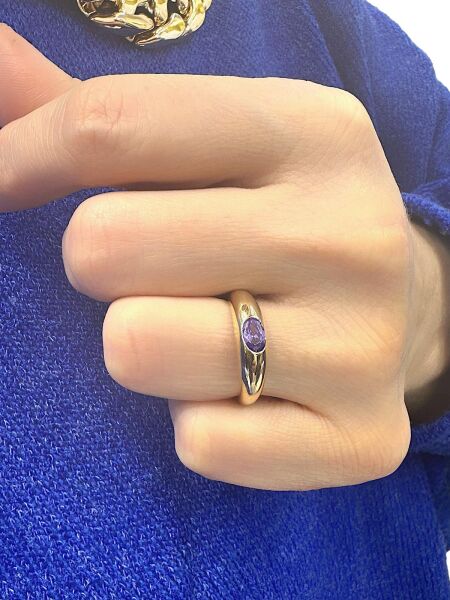 Yan Oval Ametist Taş Özel Kalite Altın Yüzük