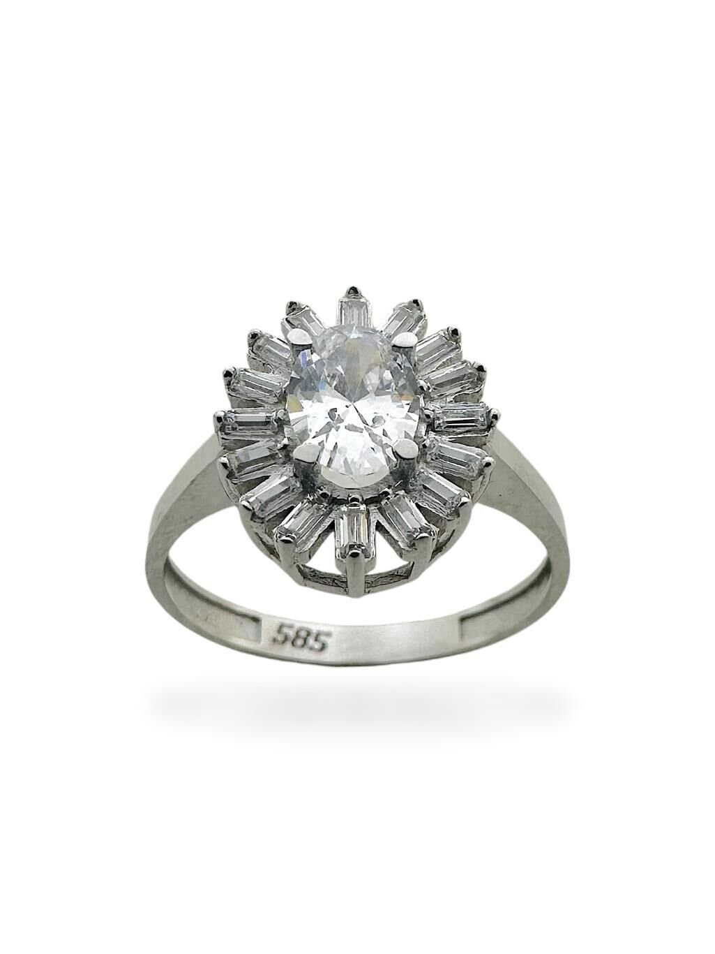 Oval Zirkon Taş Pırlanta İşçiliği Beyaz Altın Yüzük