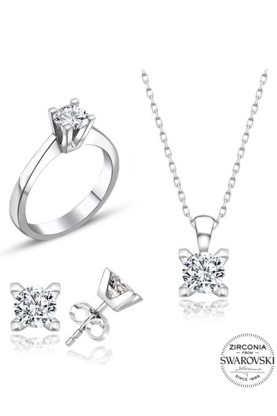 Sertifikalı Swarovski Taşlı Klasik Tek Taş 925 Gümüş Set Takım