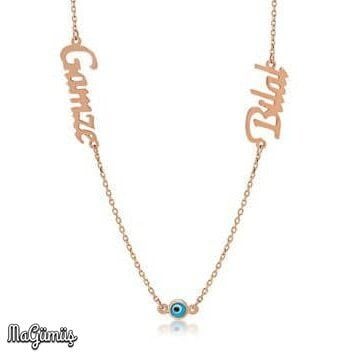 2 İki İsim Nazar Boncuklu Kişiye Özel Üretim Gümüş Kolye