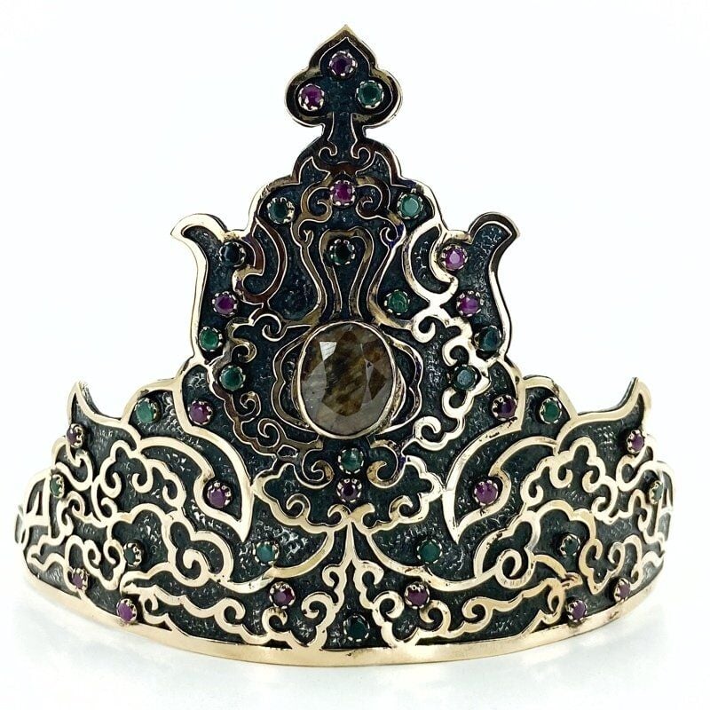 Granat,Yakut,Zümrüt Taş El Üretim Osmanlı İşlemeli Gümüş Taç