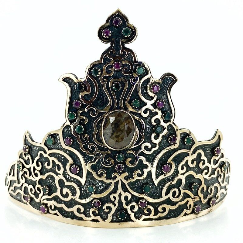 Granat,Yakut,Zümrüt Taş El Üretim Osmanlı İşlemeli Gümüş Taç